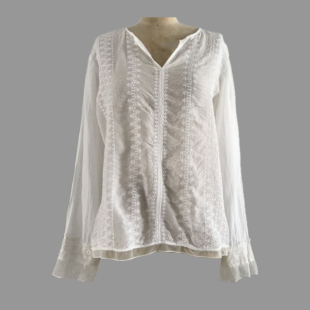 J Jill White Embroidered Cottagecore Long Sleeve Lightweight Summer Top Womens S